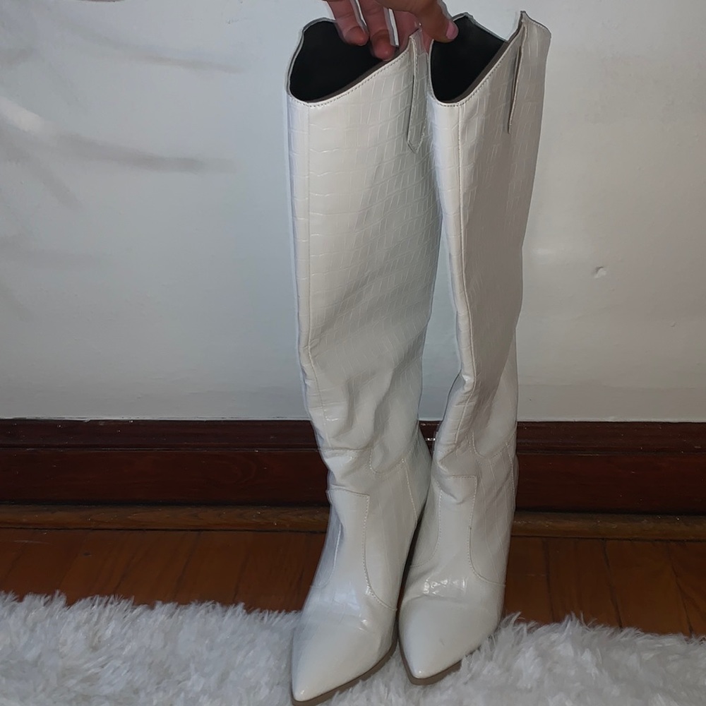 Amazon White Croc-Embossed Knee-High Heeled Boots